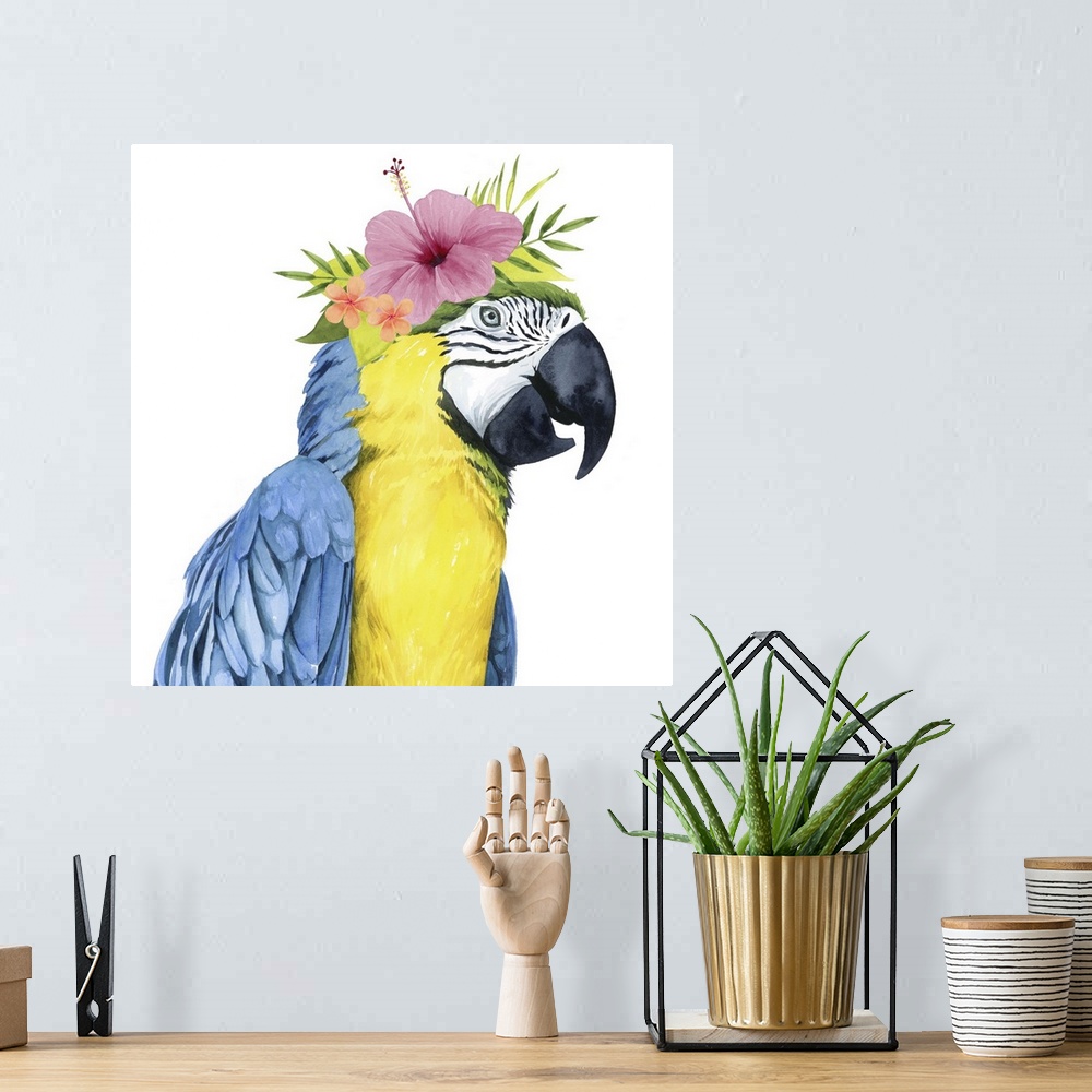 A bohemian room featuring This decorative artwork features an adorable parrot over a white background with a tropical flowe...