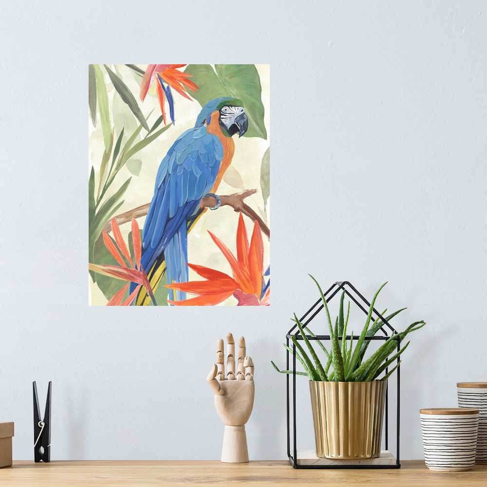 A bohemian room featuring Tropical Parrot Composition IV