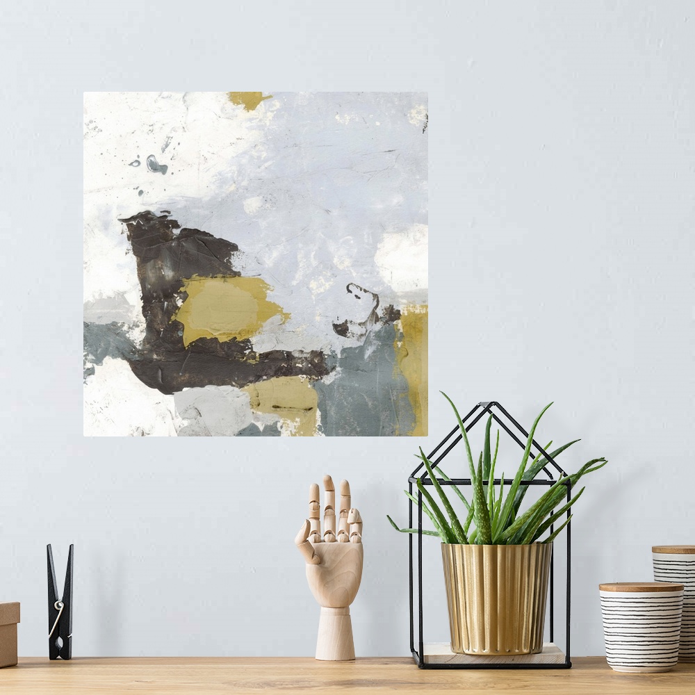 A bohemian room featuring Contemporary abstract painting using splotchy neutral tones to create texture.