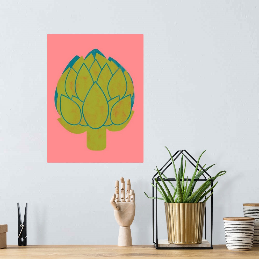 A bohemian room featuring Fun and contemporary painting of an artichoke.