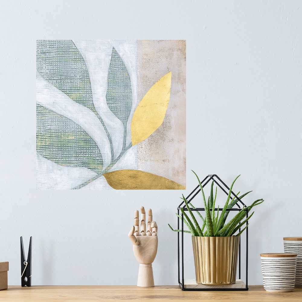A bohemian room featuring A contemporary, textured painting of green and gold leaves on a neutral background