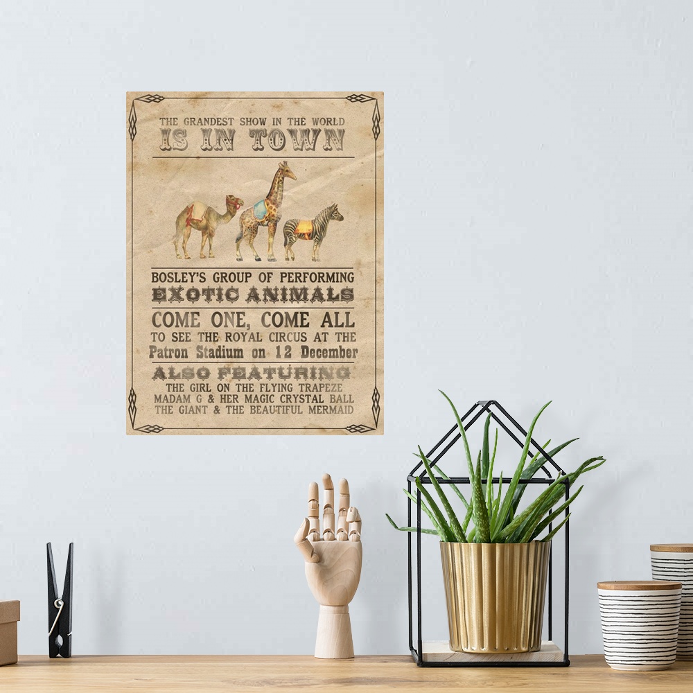 A bohemian room featuring Vintage-style circus poster advertising exotic animals, such as a camel, giraffe, and zebra.