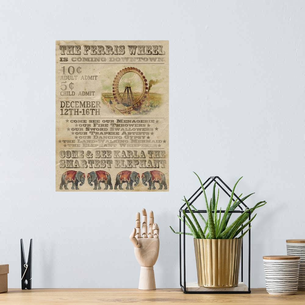 A bohemian room featuring Vintage-style circus poster advertising a ferris wheel and elephants.