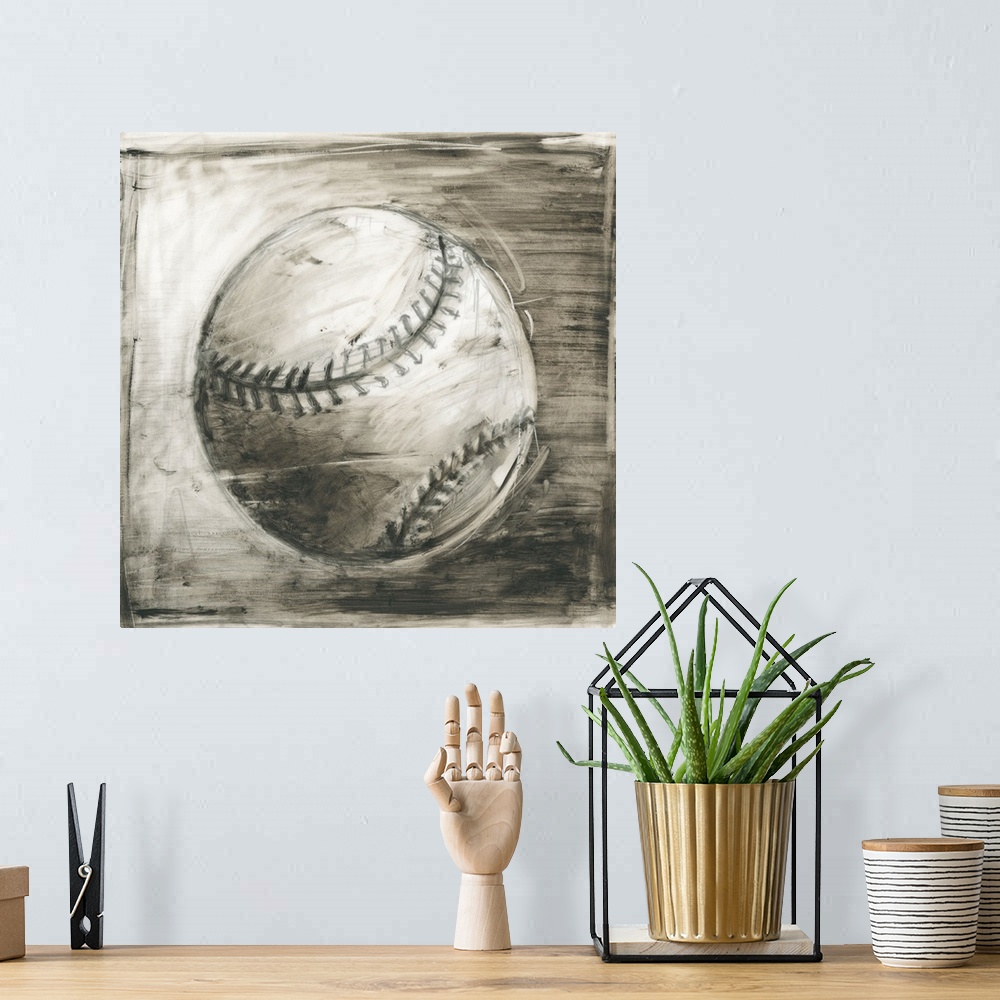 A bohemian room featuring Sepia toned sketch of a baseball.