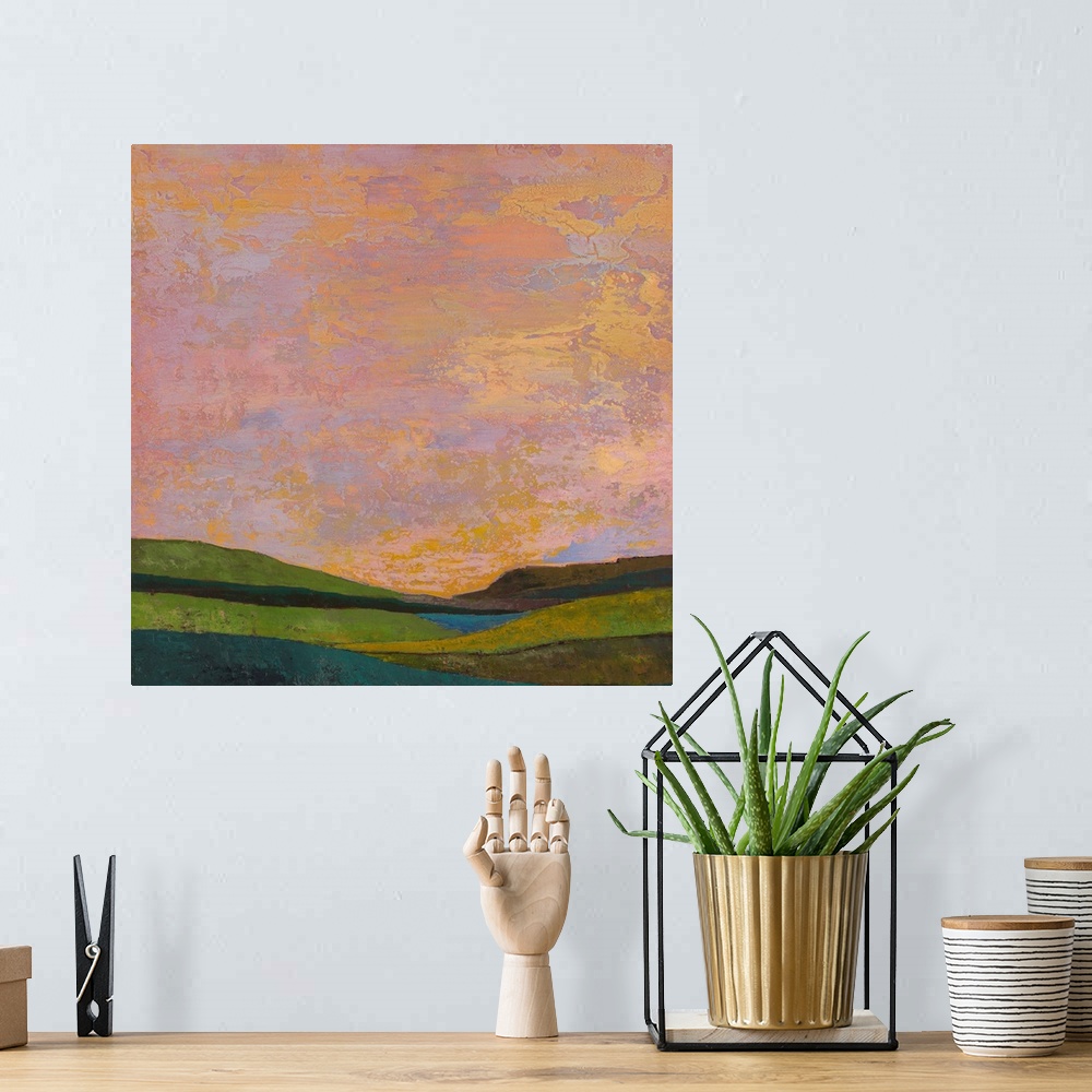 A bohemian room featuring Contemporary abstract painting using color to and shape to suggest a landscape.