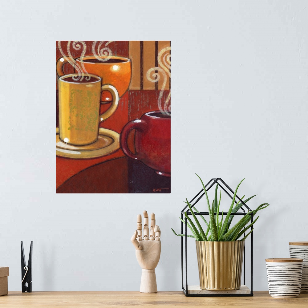 A bohemian room featuring Contemporary painting of mugs of coffee in warm tones with swirls of steam.