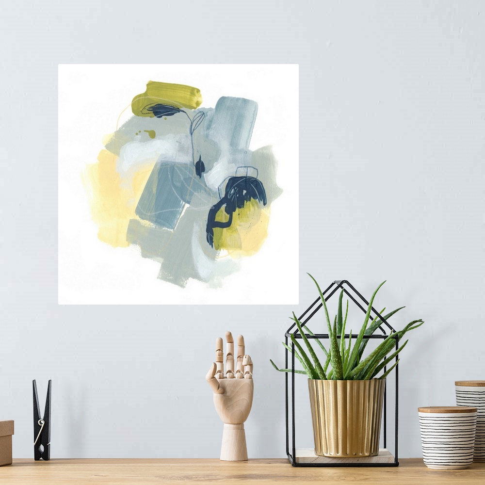 A bohemian room featuring Contemporary abstract painting in blue, green, and yellow.