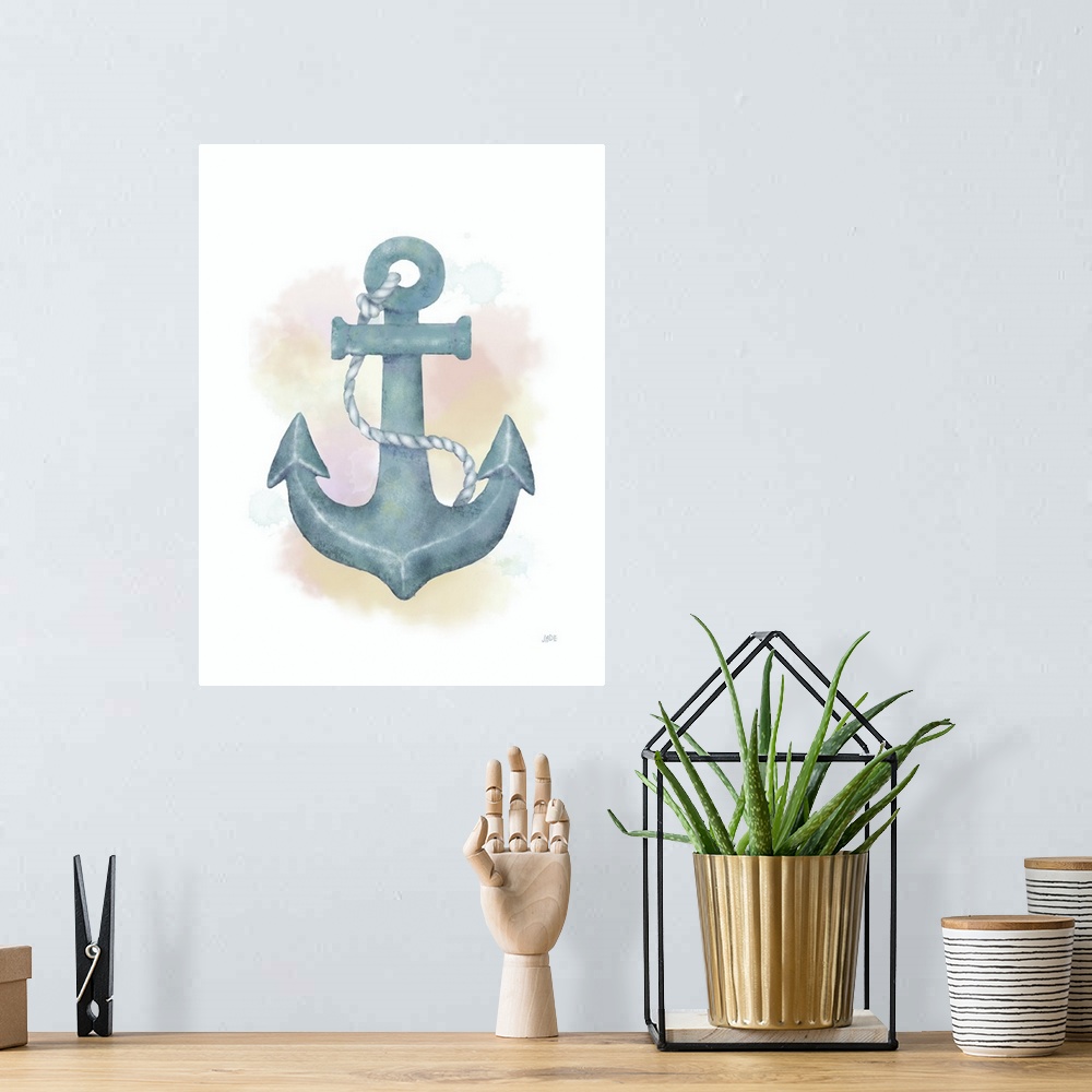 A bohemian room featuring Nautical watercolor painting of an anchor in blue tones.