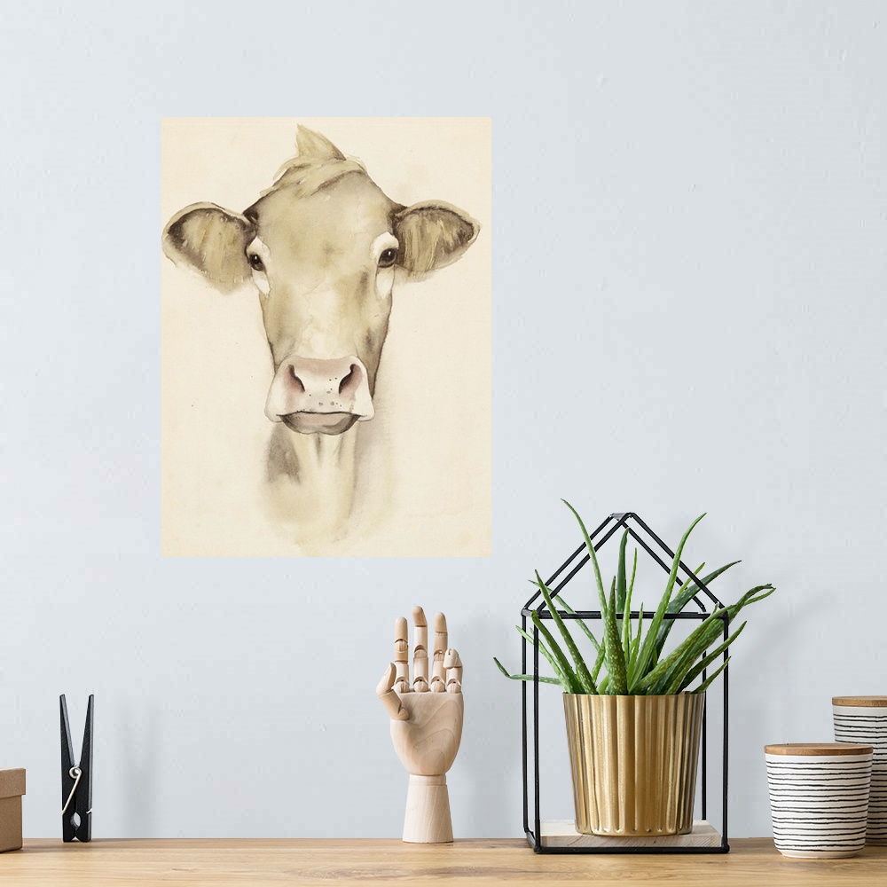 A bohemian room featuring Watercolor portrait of a cow in sepia tones.