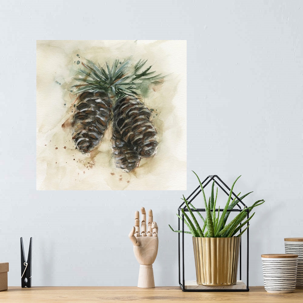 A bohemian room featuring Watercolor Pinecone Study II