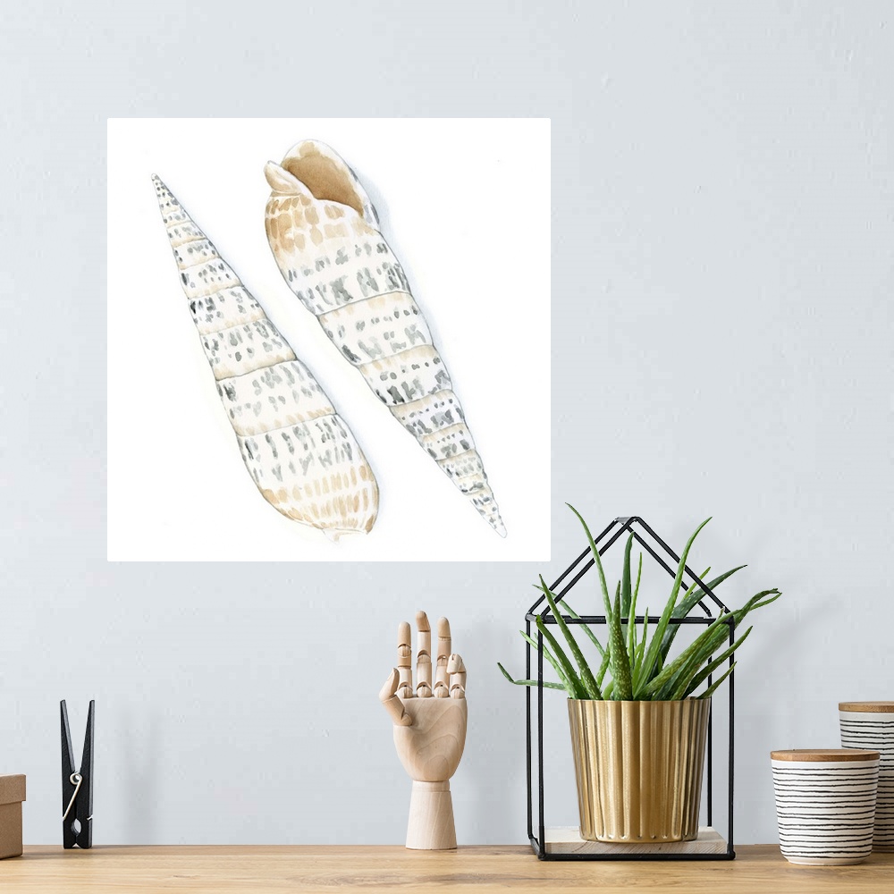A bohemian room featuring Watercolor painting of two seashells.