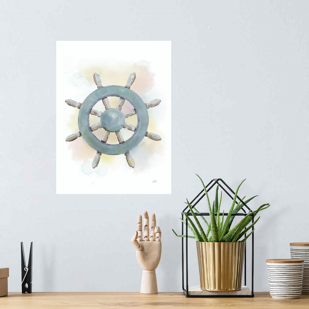 A bohemian room featuring Nautical watercolor painting of a ship's wheel in blue tones.