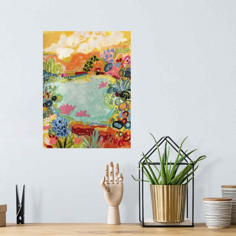 A bohemian room featuring Contemporary artwork of flowers blooming around a tropical pond.