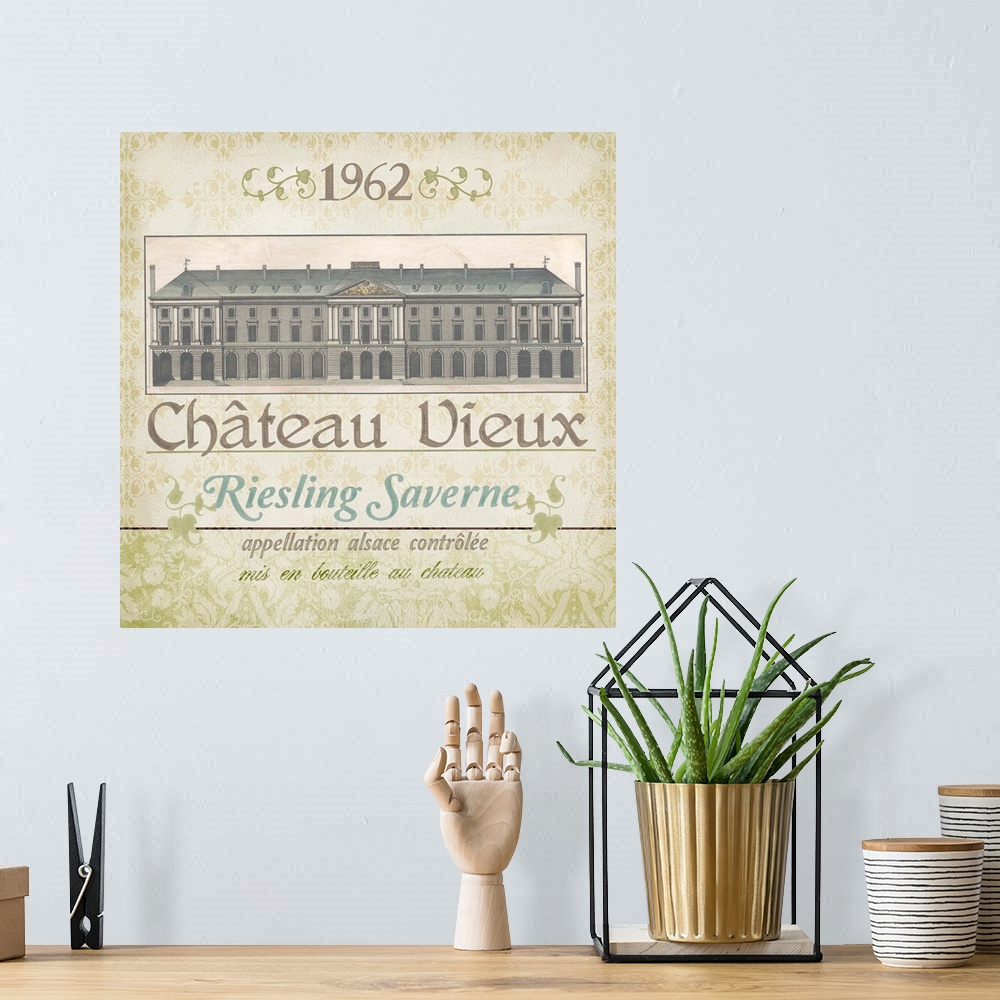 A bohemian room featuring Contemporary artwork of a vintage stylized wine bottle label.