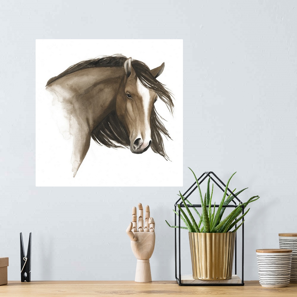 A bohemian room featuring Contemporary watercolor painting of a portrait of a horse with a flowing mane against a white bac...