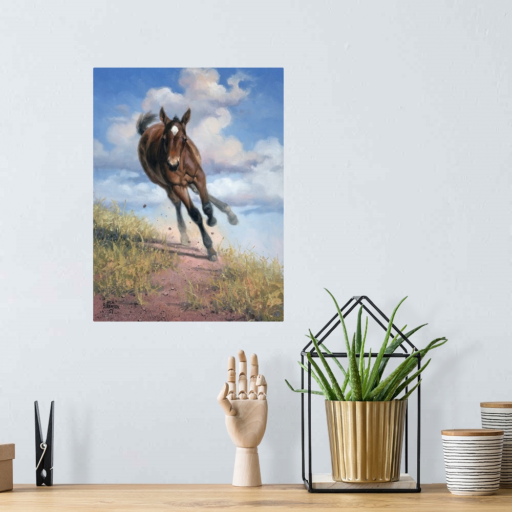 A bohemian room featuring Lively brush strokes that create an active horse running through a trail against puffy white clou...