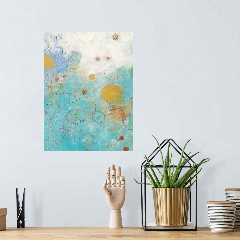 A bohemian room featuring This contemporary artwork radiates bright colors and distressed patterns to illustrate the whimsi...