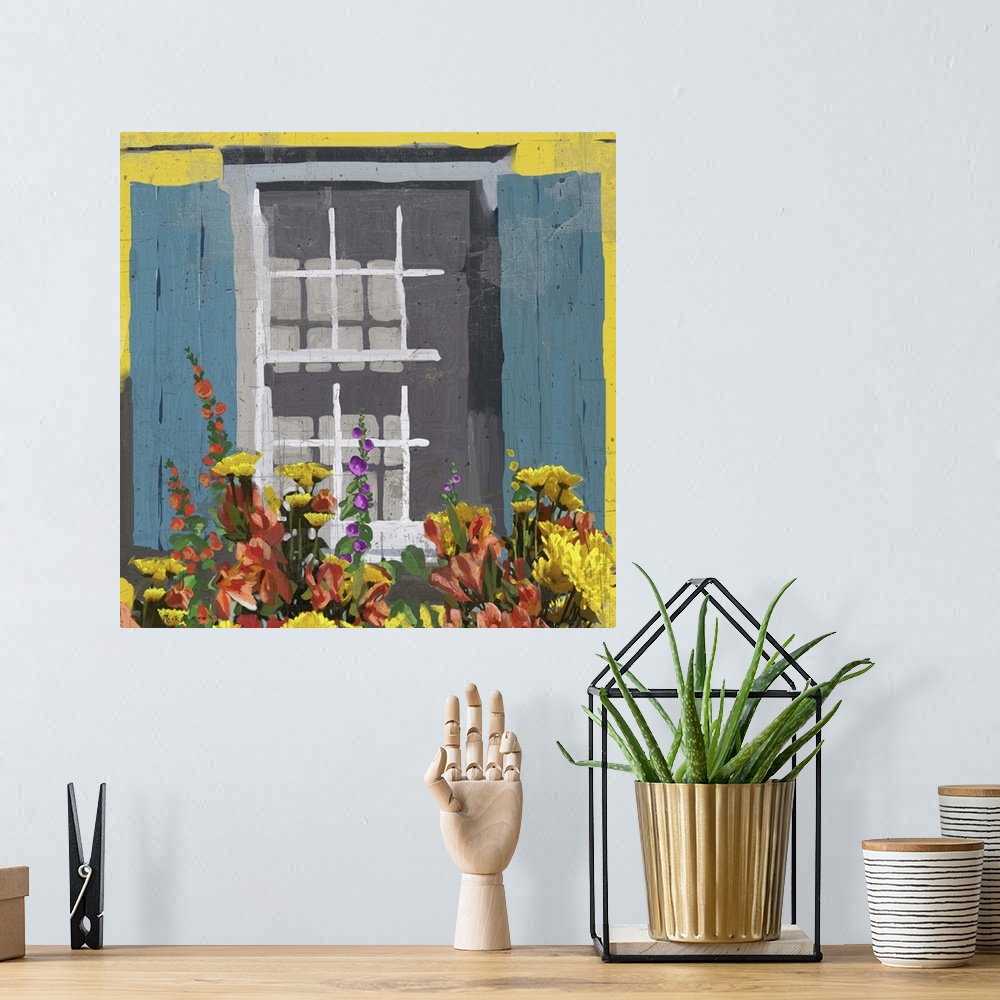 A bohemian room featuring Colorful painting of a window on a yellow wall with blue shutters.