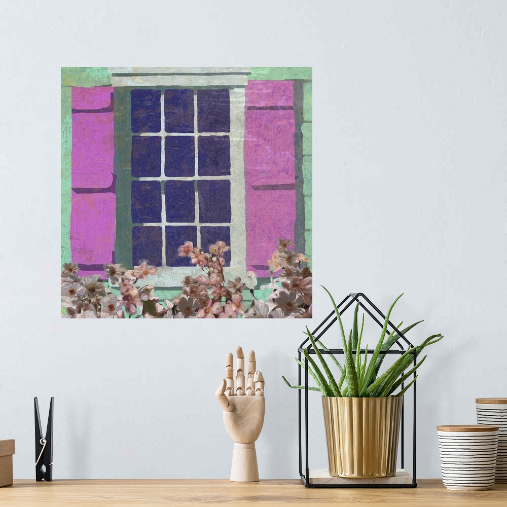 A bohemian room featuring Colorful painting of a window on a green wall with pink shutters.