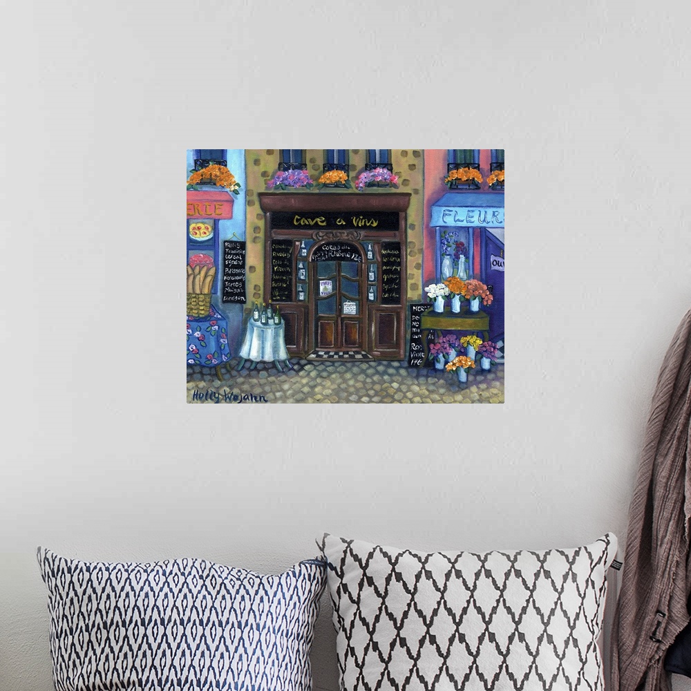 A bohemian room featuring Whimsical painting of a French marketplace next to a flower shop, with wine on the table.