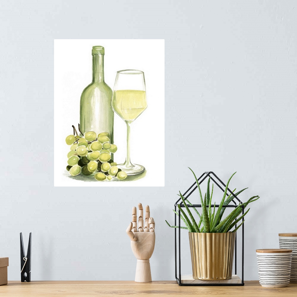 A bohemian room featuring A watercolor painting of a glass of white wine accompanied by grapes and green bottle fills this ...