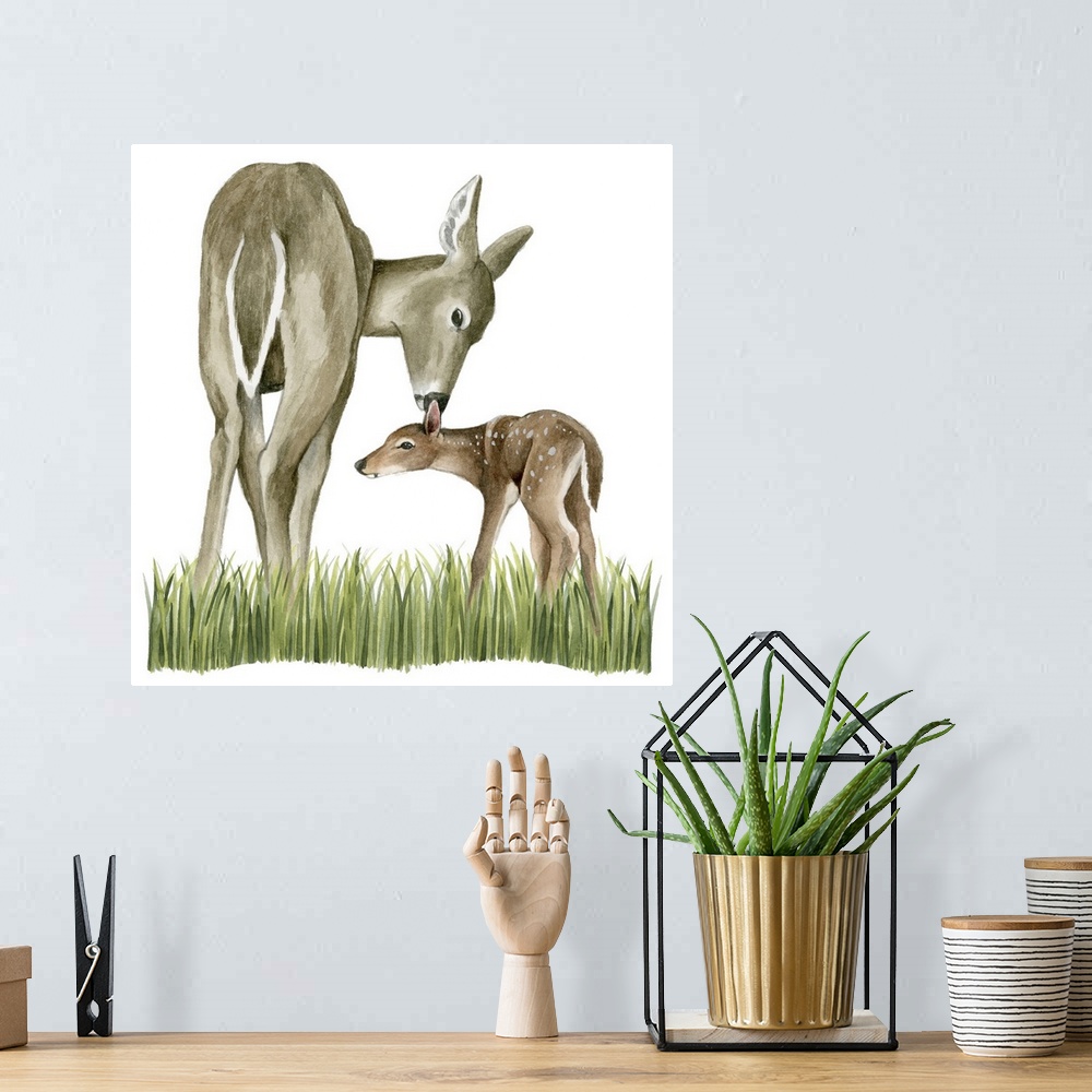 A bohemian room featuring Watercolor portrait of a deer and its fawn on a grassy landscape.