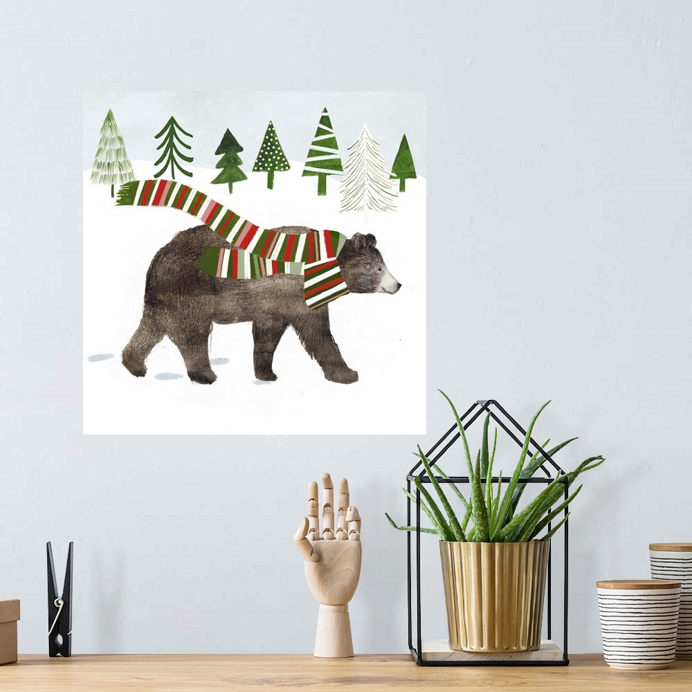 A bohemian room featuring Whimsical woodland decor featuring a bear in a soft snowscape.