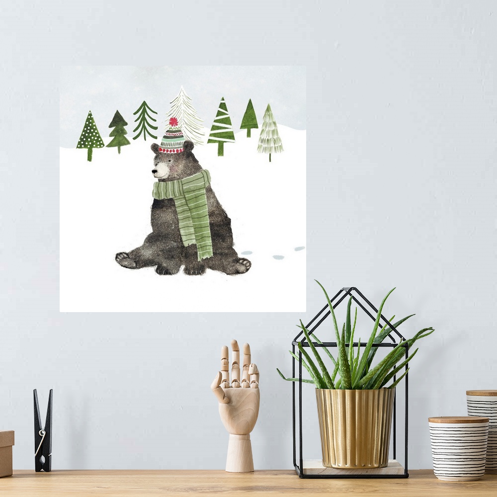 A bohemian room featuring Whimsical woodland decor featuring a bear in a soft snowscape.