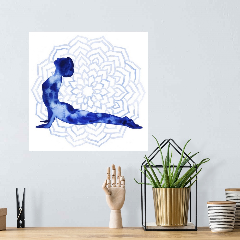 A bohemian room featuring This serene series features a silhouetted yoga pose in blue watercolor over a lotus flower design...