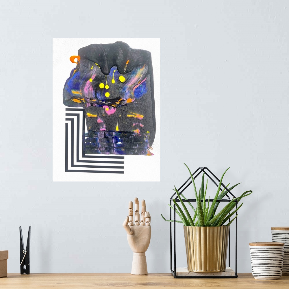 A bohemian room featuring Abstract expressionist painting with strokes and shapes invading the neutral space in contrast wi...