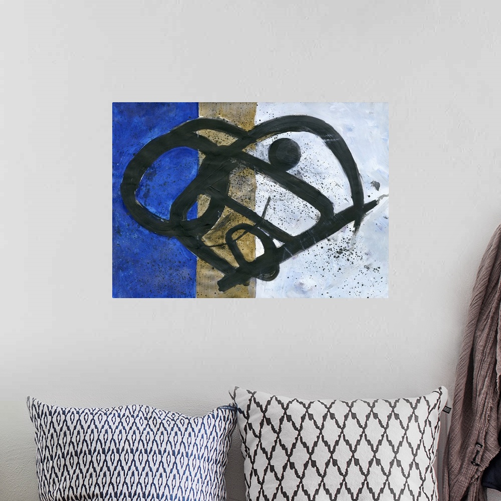 A bohemian room featuring Contemporary abstract painting of bold lines over blue, gold, and white color blocks.