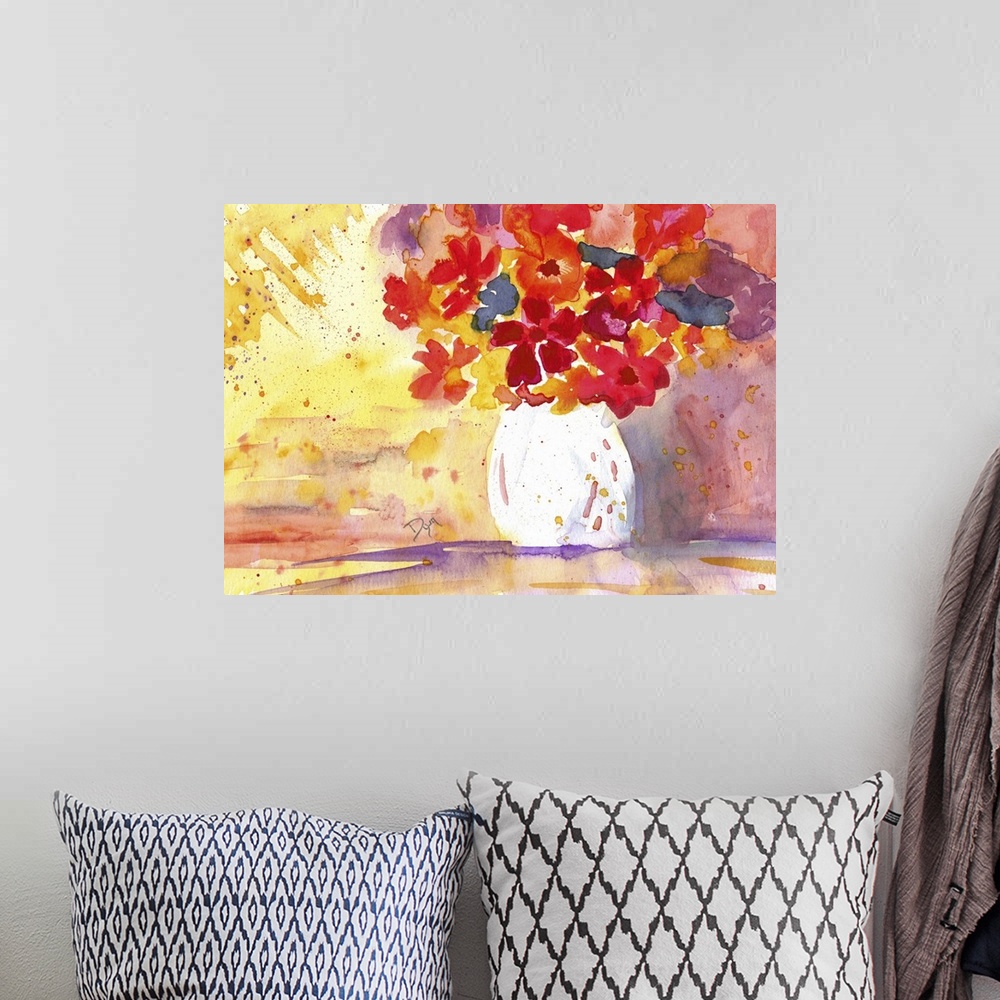 A bohemian room featuring Warm toned watercolor painting of a bouquet of flowers in a vase