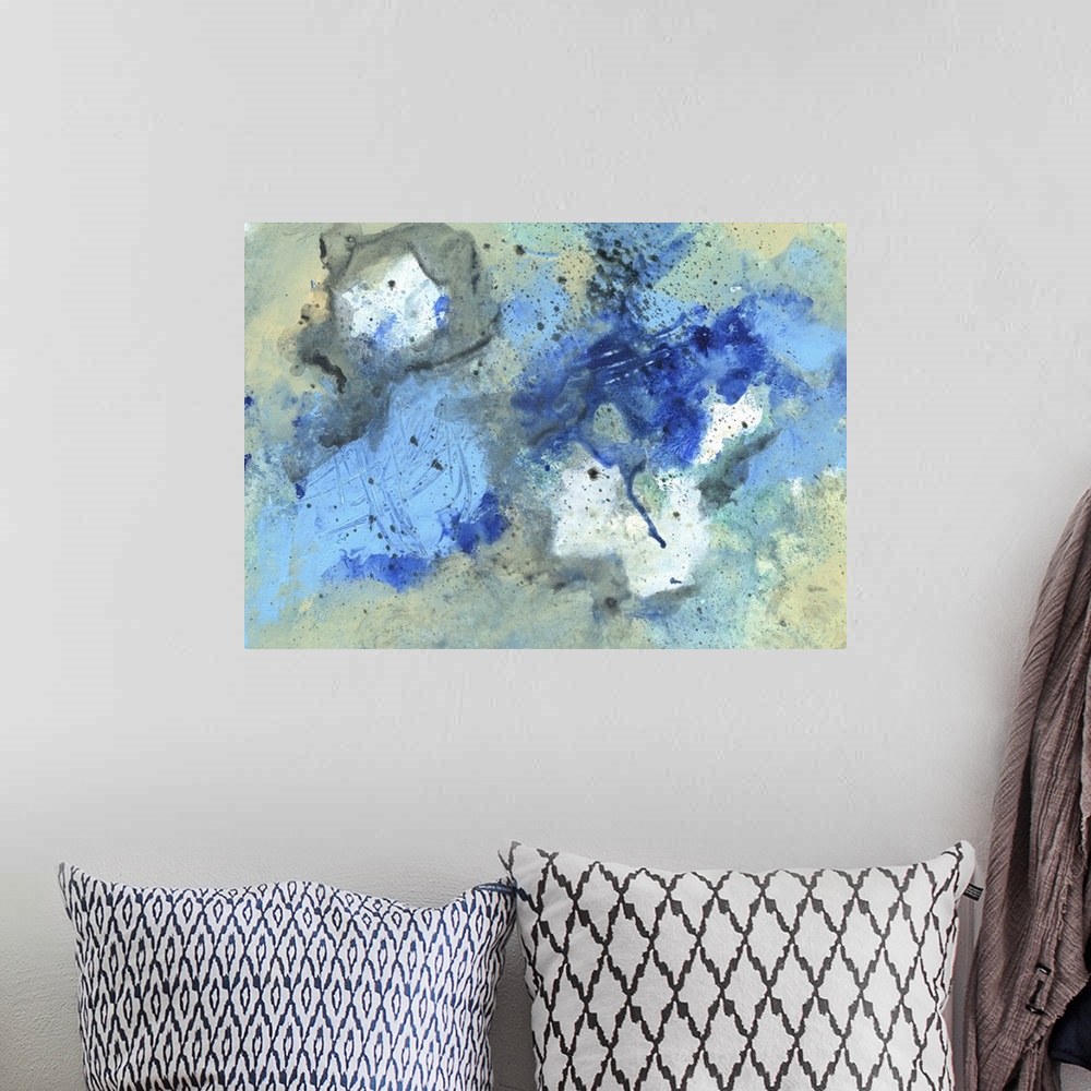 A bohemian room featuring Contemporary abstract painting made of splattered shapes in cool tones.