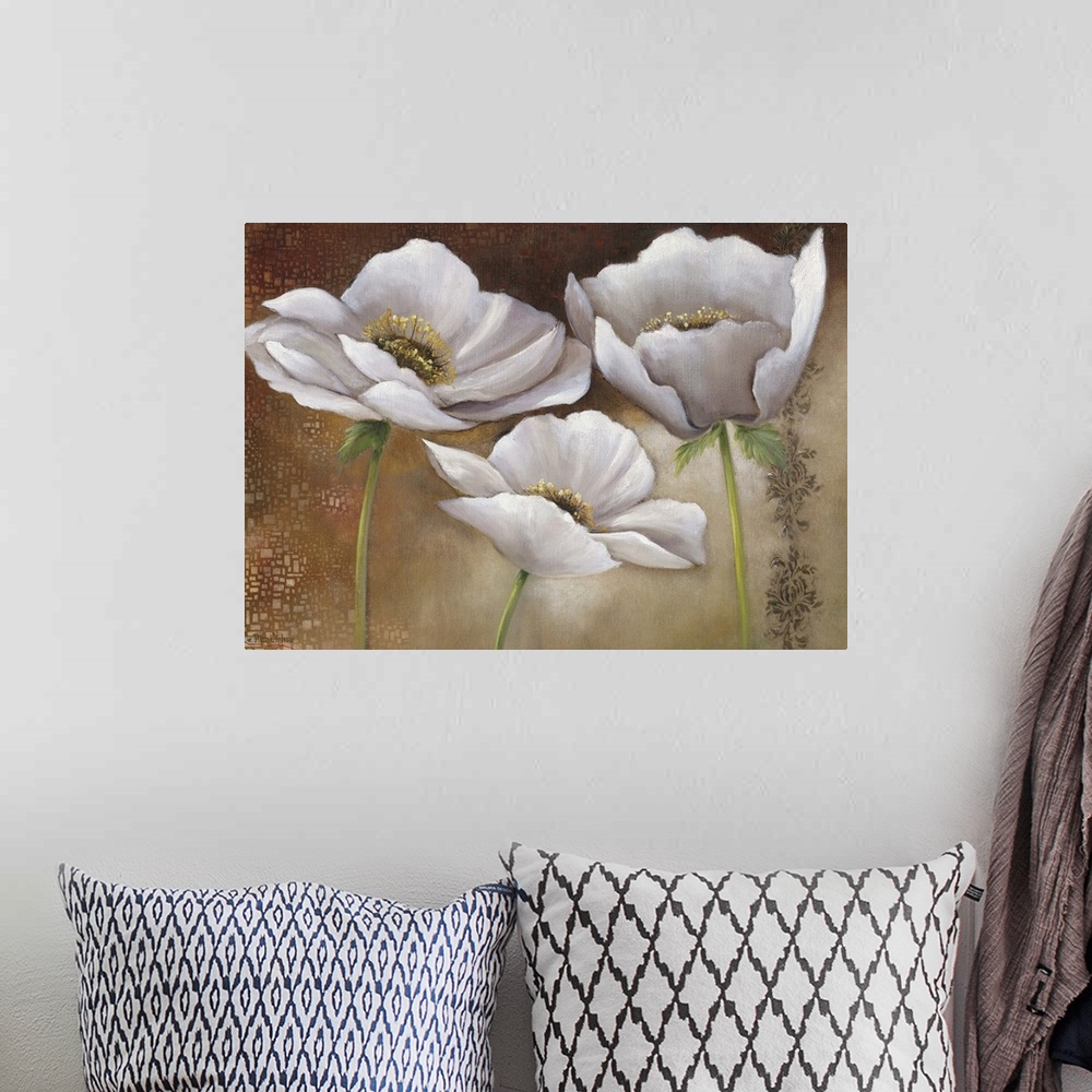 A bohemian room featuring Contemporary painting of silky looking white flowers against an earth toned background.