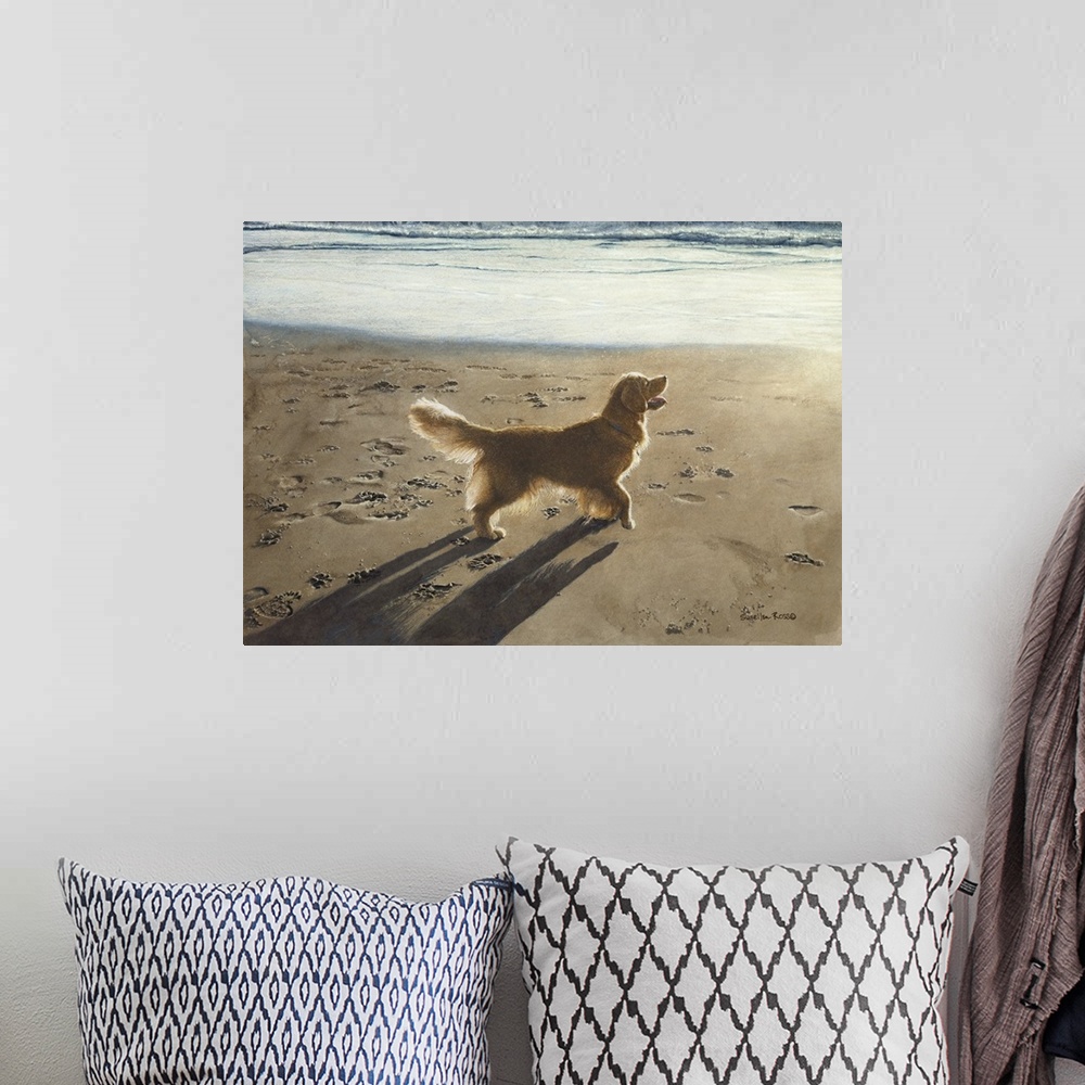 A bohemian room featuring A horizontal image of a yellow lab walking in the sand along the beach.