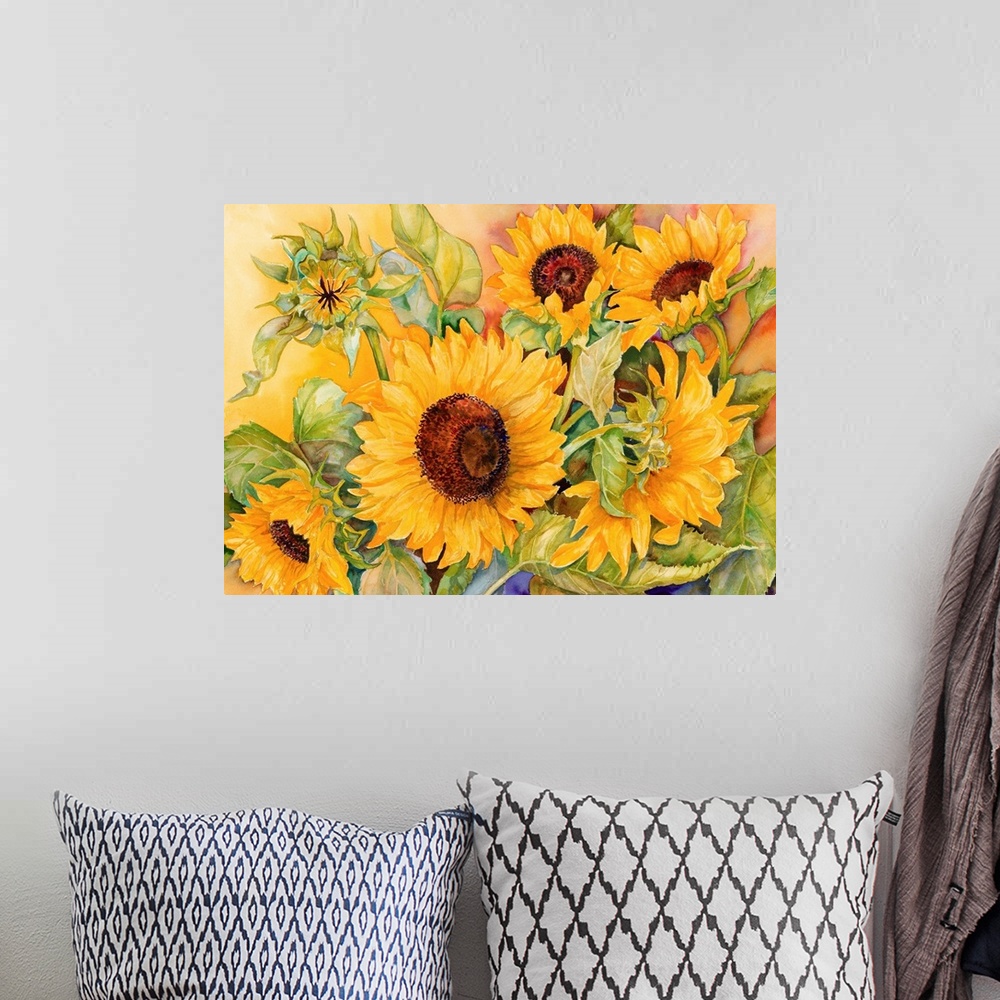 A bohemian room featuring Colorful contemporary painting of sunflowers.
