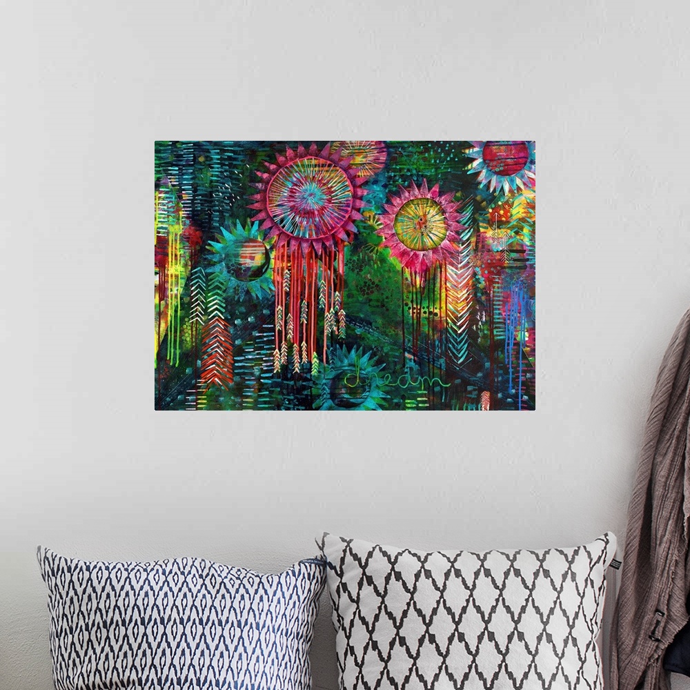 A bohemian room featuring Colorful abstract painting with feathered dream catchers and designs on a blue and green backgrou...
