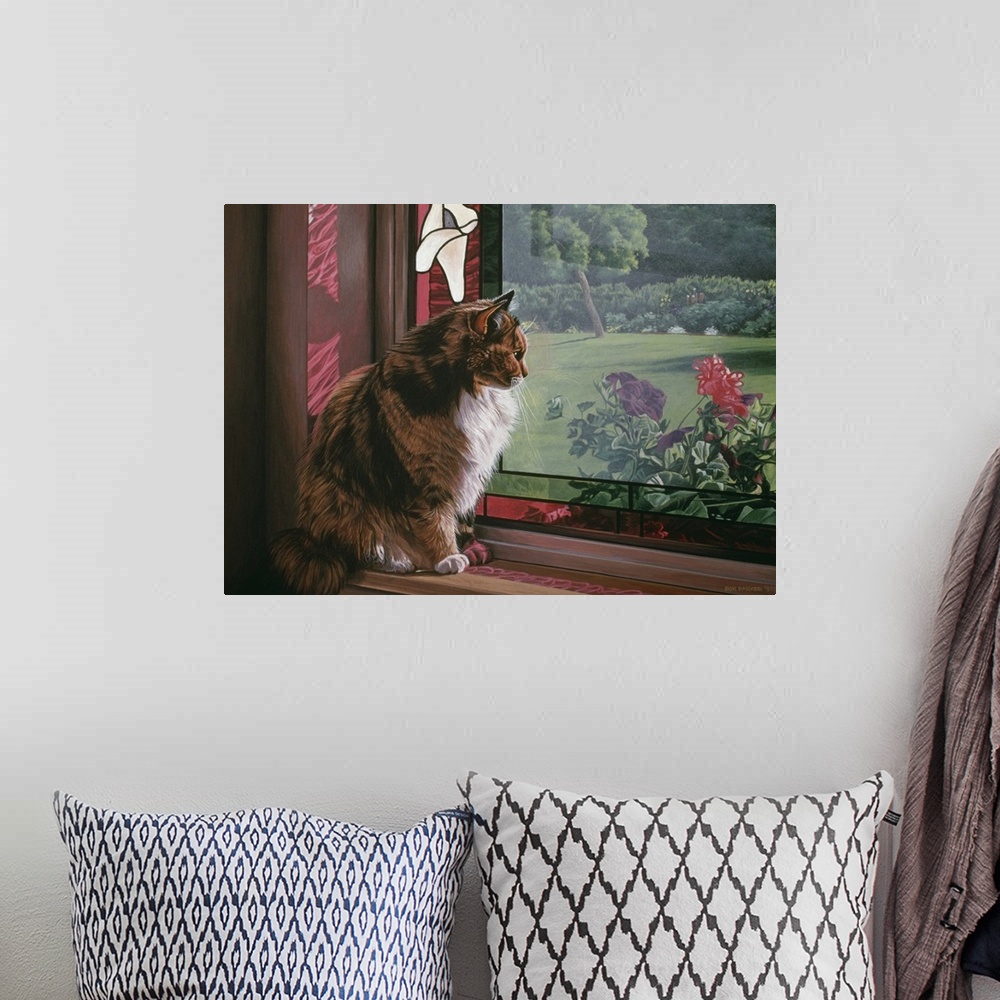 A bohemian room featuring A cat sitting on a window sill looking out over the garden.