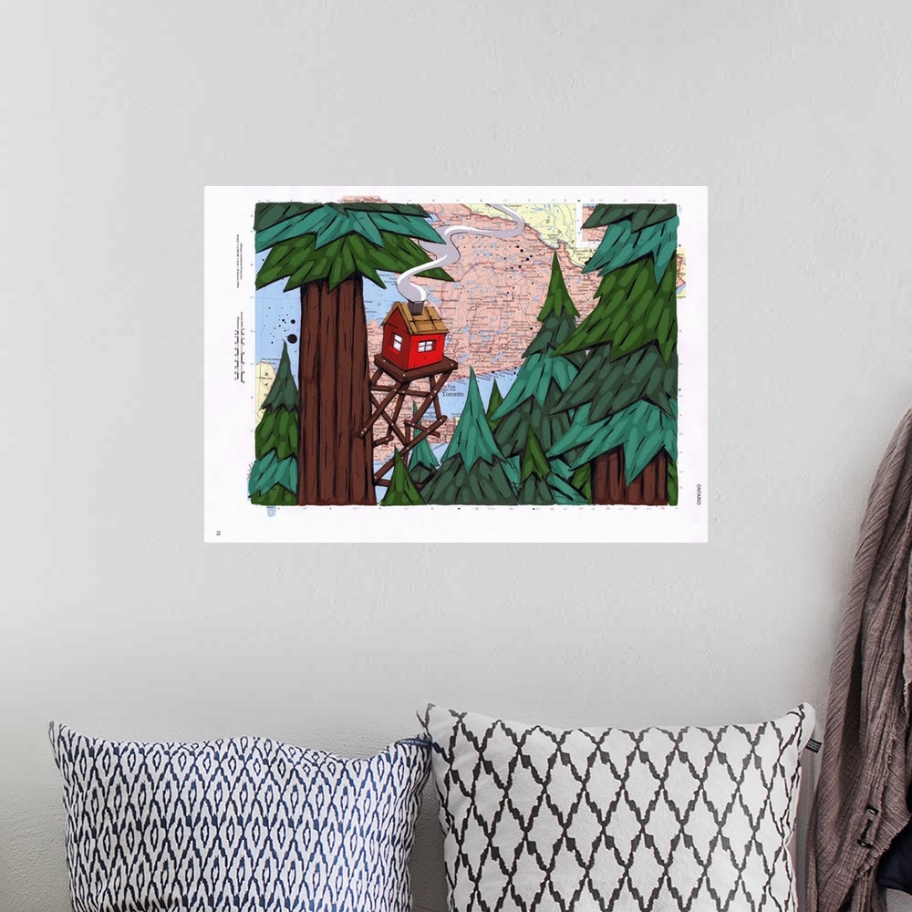 A bohemian room featuring Pop art painting of a cabin on stilts in the canopy of a forest.