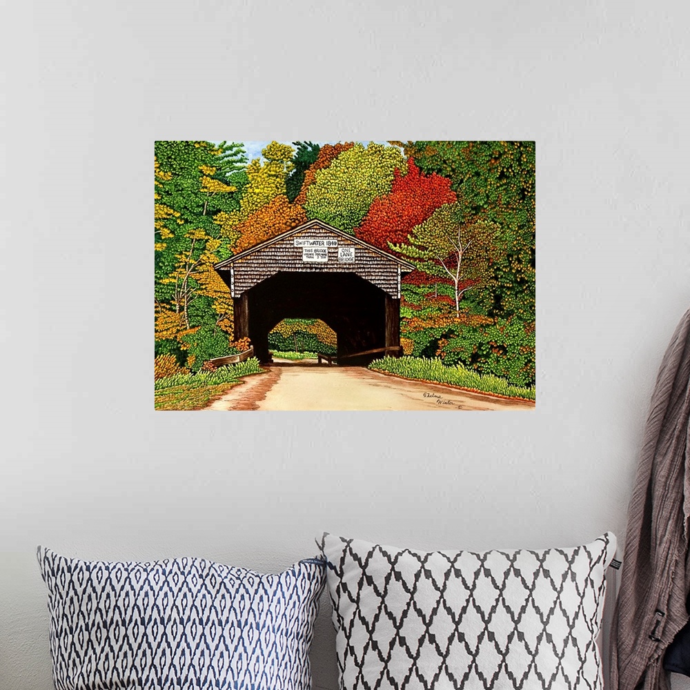 A bohemian room featuring Contemporary artwork of a covered bridge surrounded by autumn foliage.