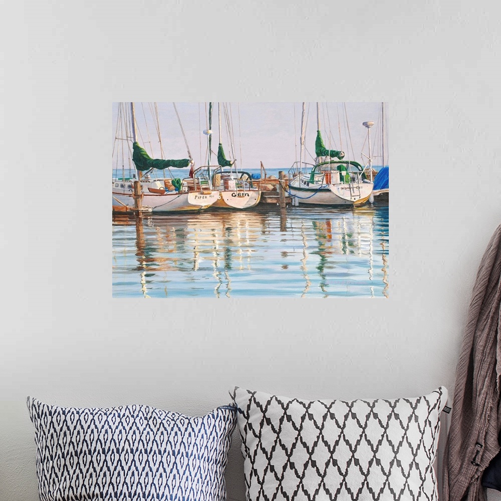 A bohemian room featuring Contemporary painting of a group of yachts docked in the ocean.