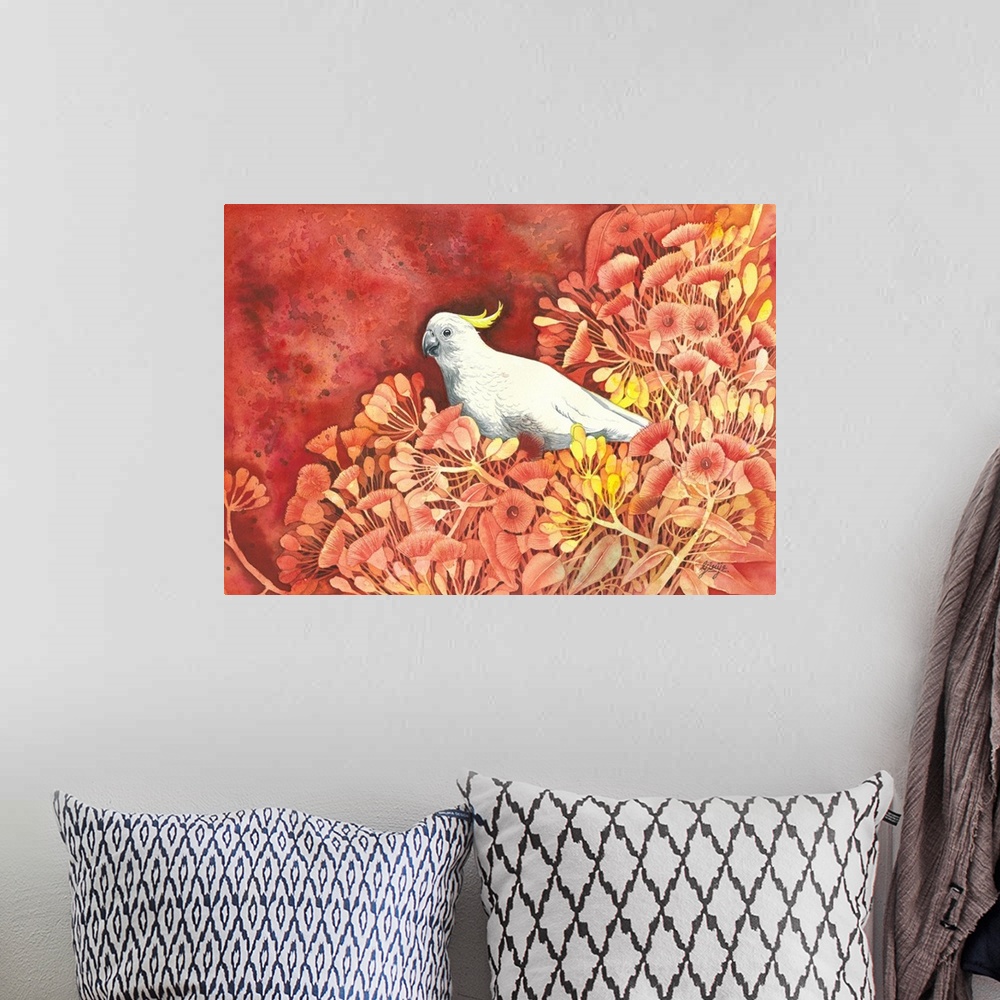 A bohemian room featuring A smart cockatoo bird painted on the red hot floral background in watercolor on paper.