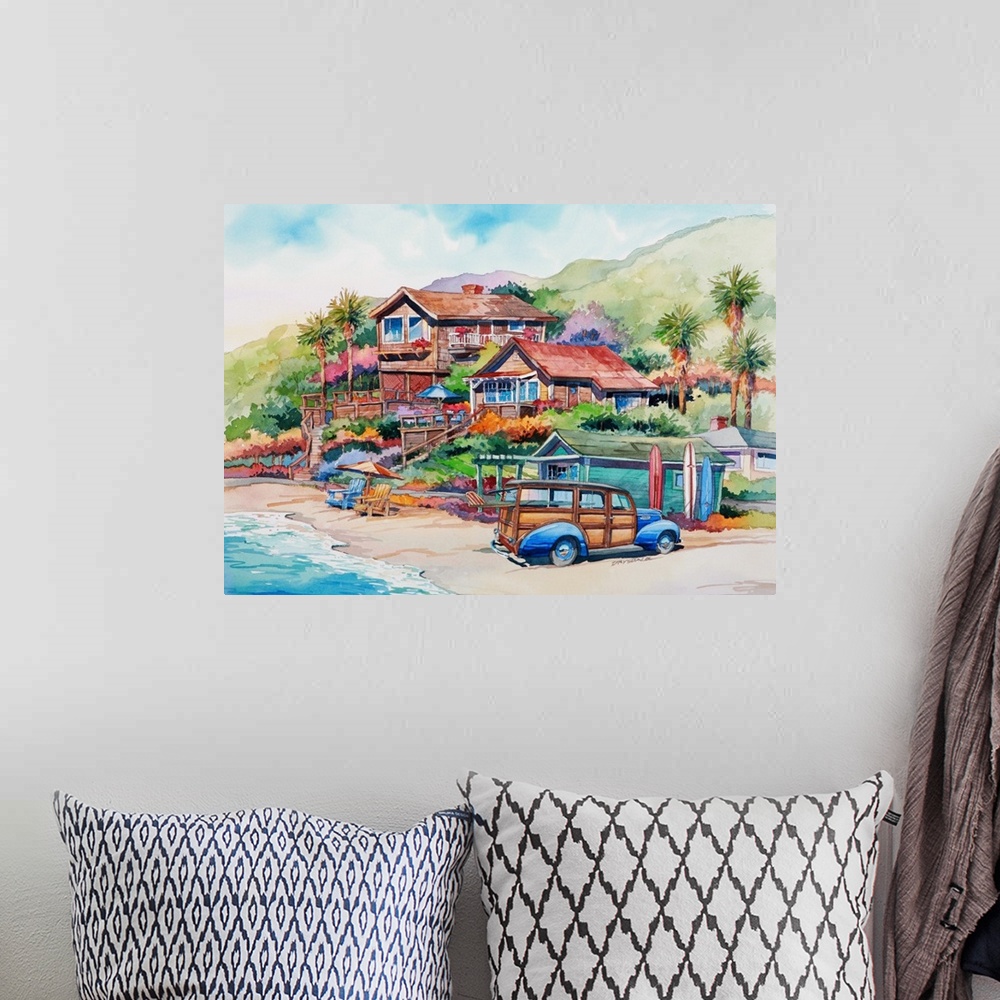 A bohemian room featuring Watercolor of a woodie on the beach in Crystal Cove, Newport Beach, CA.