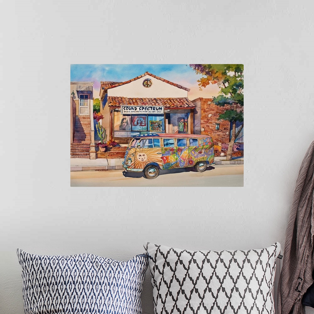 A bohemian room featuring Watercolor painting of a painted VW Bus parked in front of Sound Spectrum music and memorabilia s...