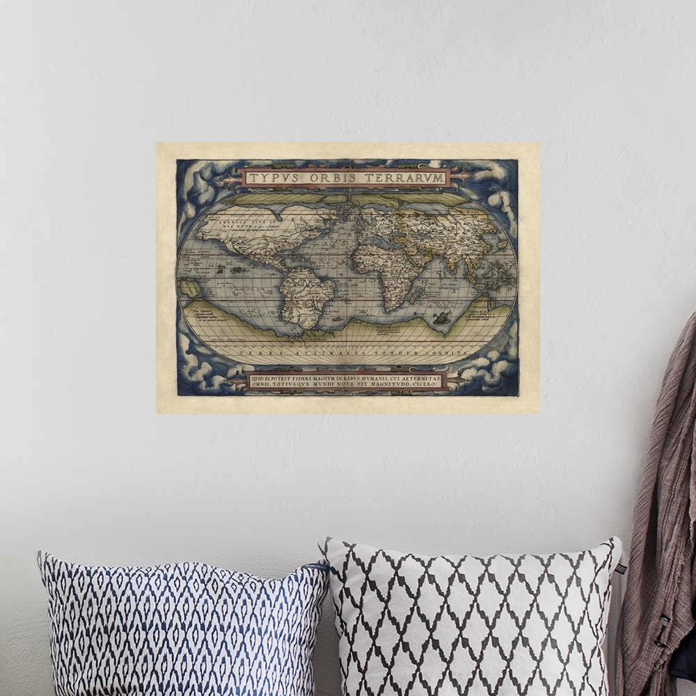 A bohemian room featuring This decorative wall art is an antique map or the world drawn as a globe complete with latitudina...