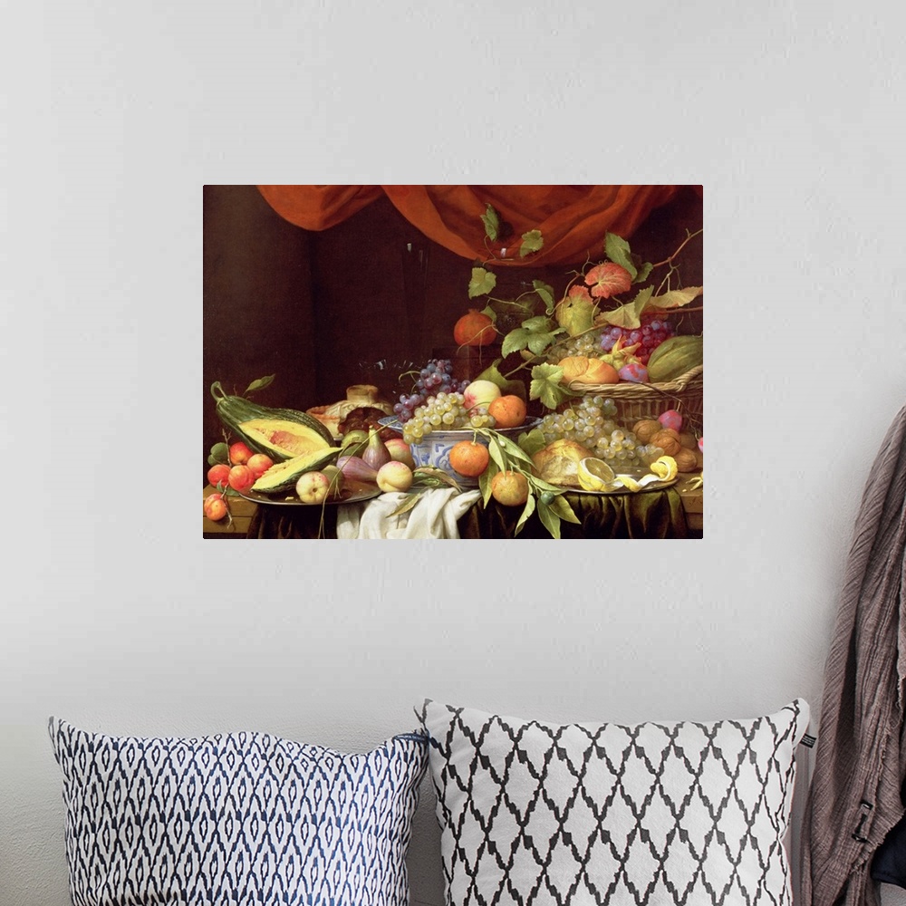 A bohemian room featuring Horizontal, still life painting of a variety of fruits and leaves spread amongst a table in bowls...