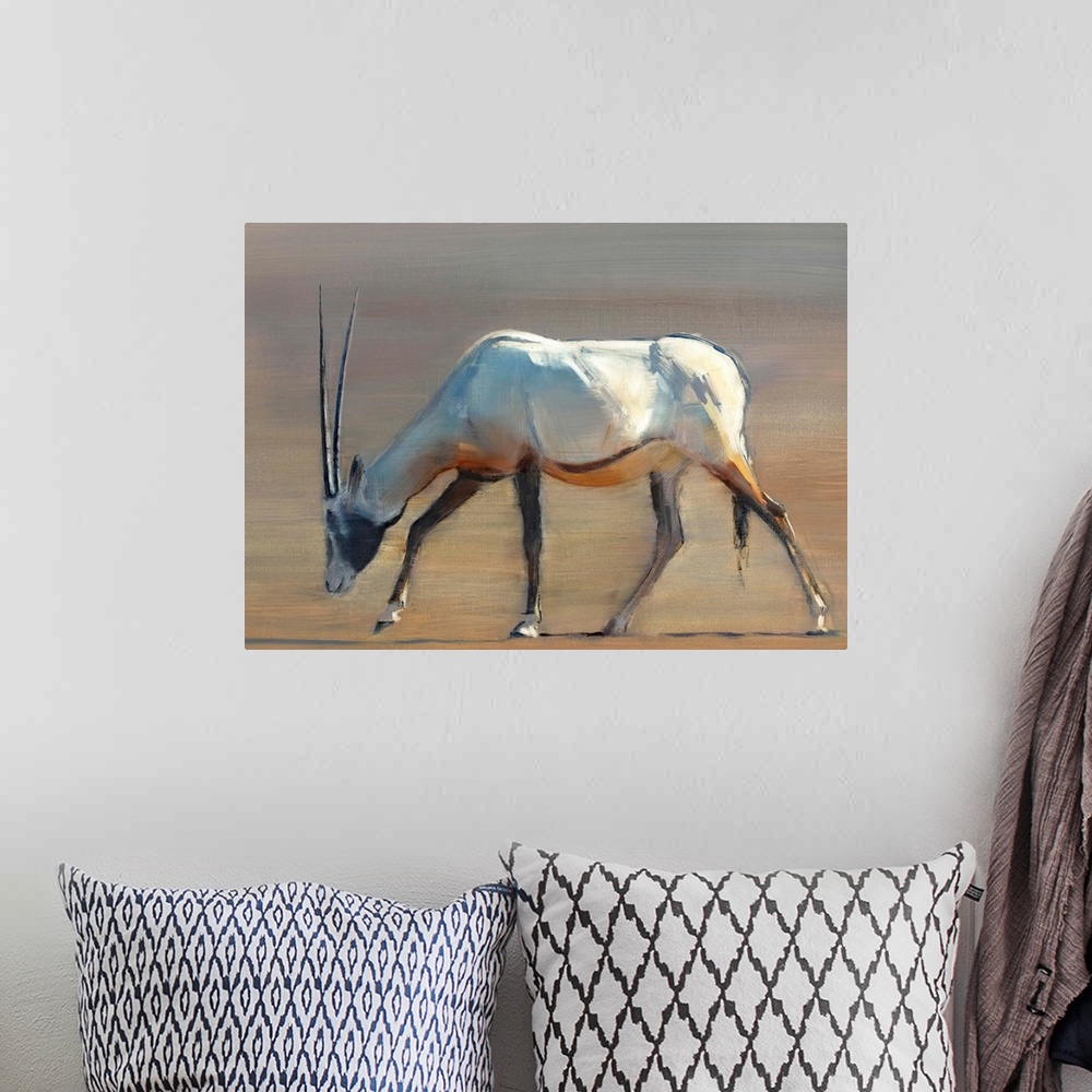 A bohemian room featuring Contemporary wildlife painting of an Oryx grazing in the desert.