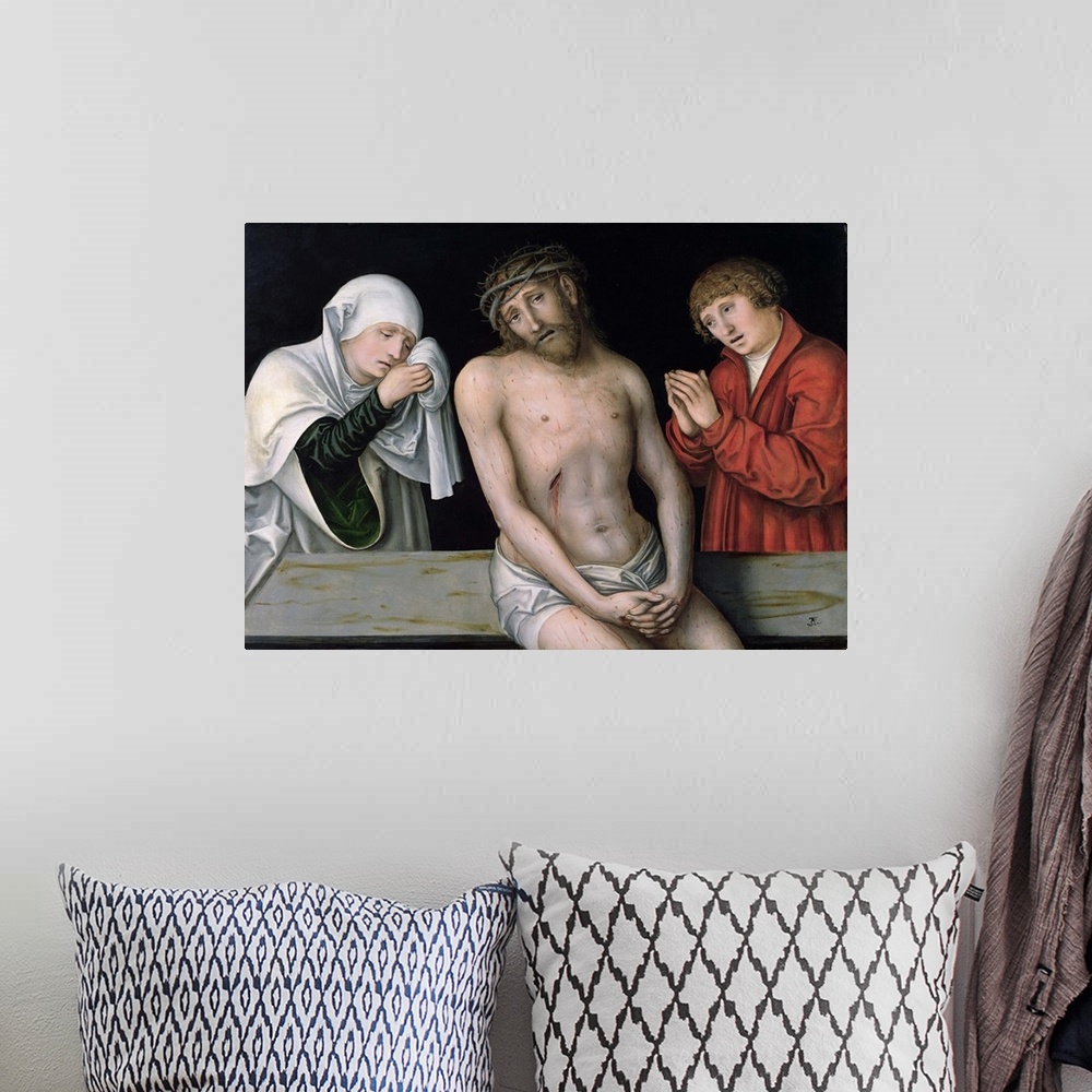 A bohemian room featuring XKH141602 Christ as the Man of Sorrows with the Virgin and St. John (oil on panel) by Cranach, Lu...