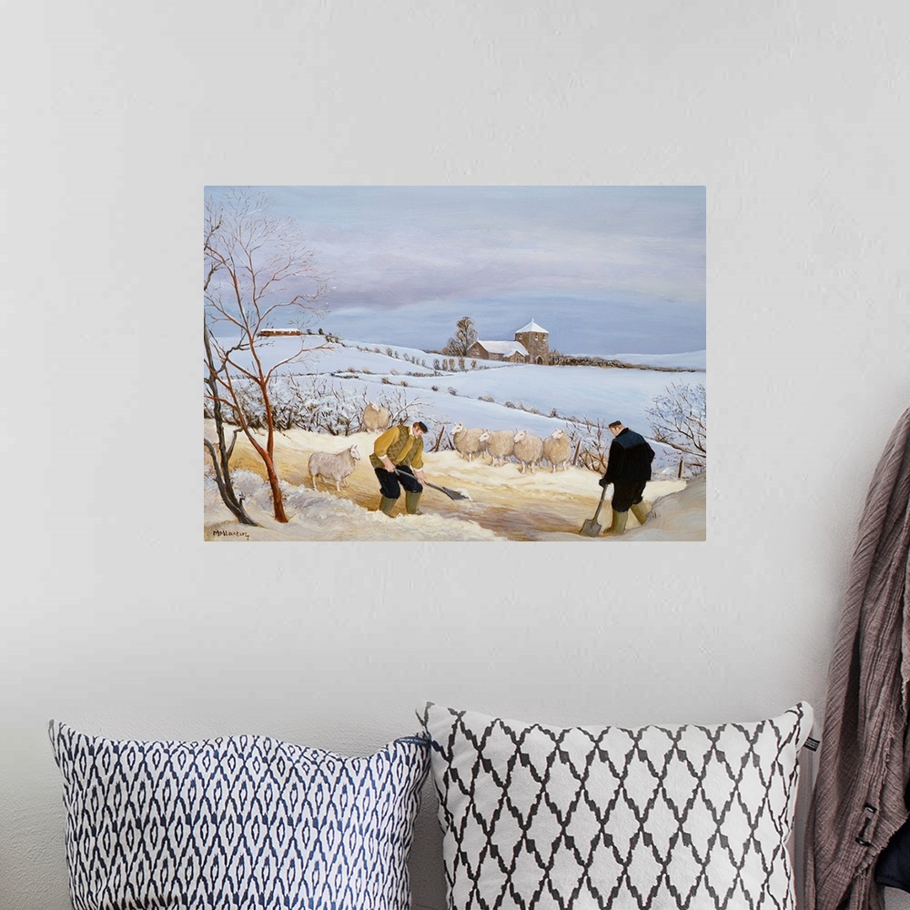 A bohemian room featuring Contemporary painting of shepherds working outside in the winter.