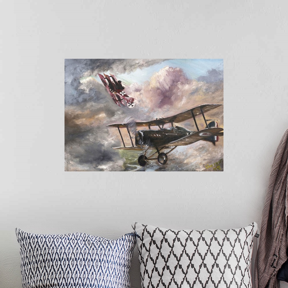 A bohemian room featuring Contemporary painting of a military airplanes in a dogfight.